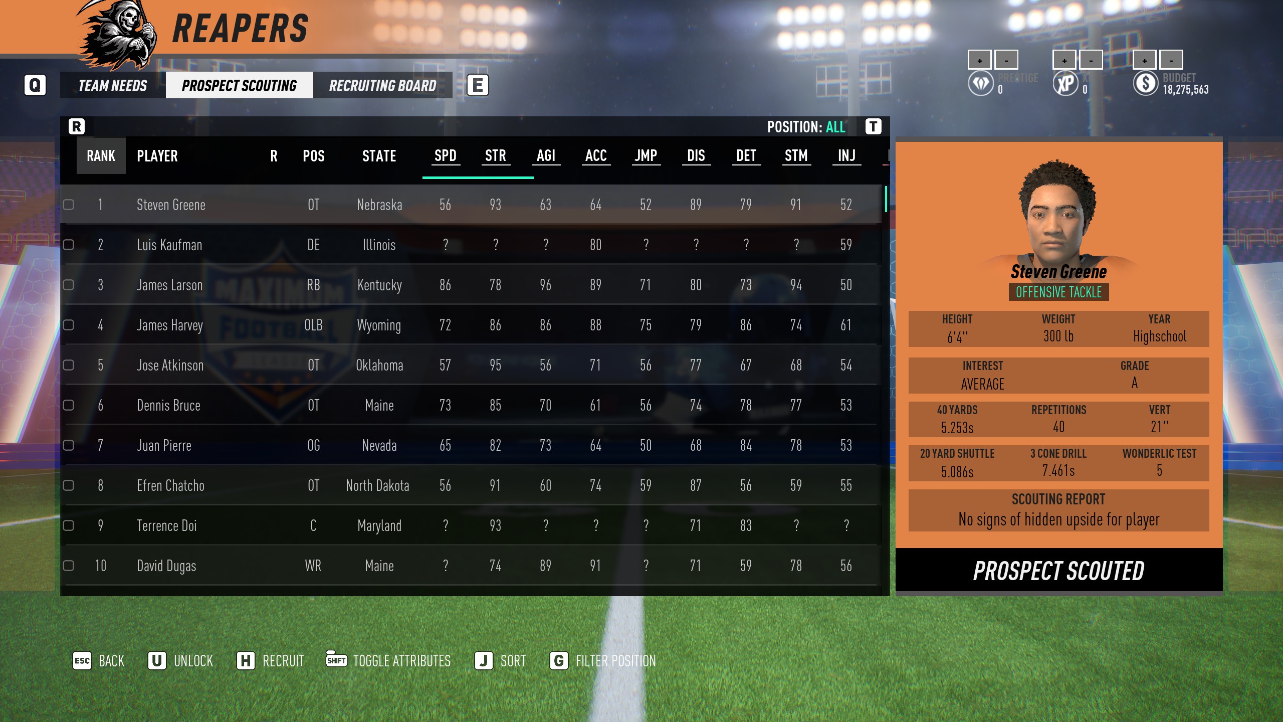 Recruiting List in Maximum Football Dynasty Mode