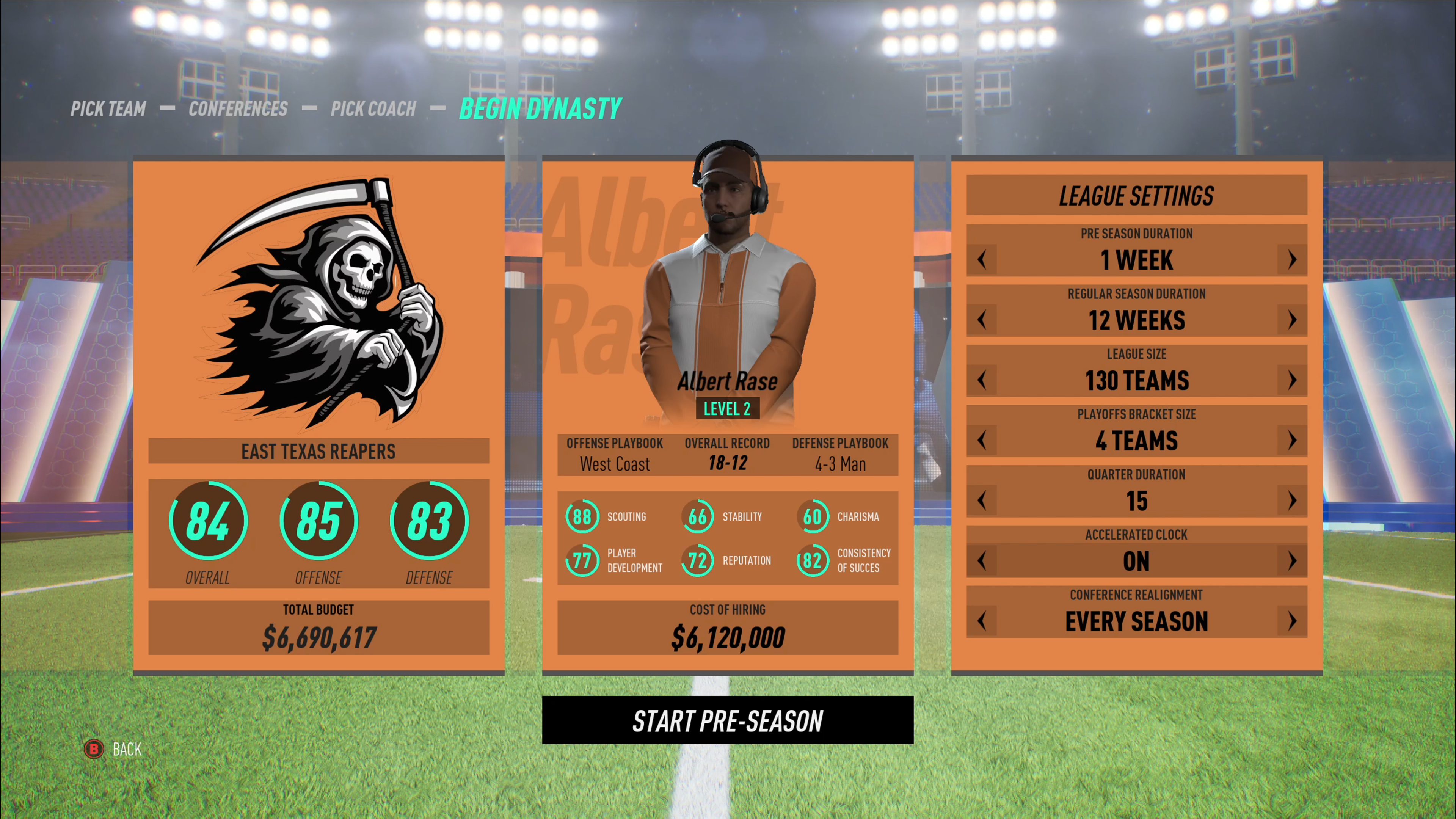 Maximum Football Dynasty Set Up Screen